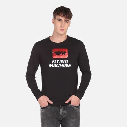 Black Long Sleeve Brand Print Cotton T-Shirt