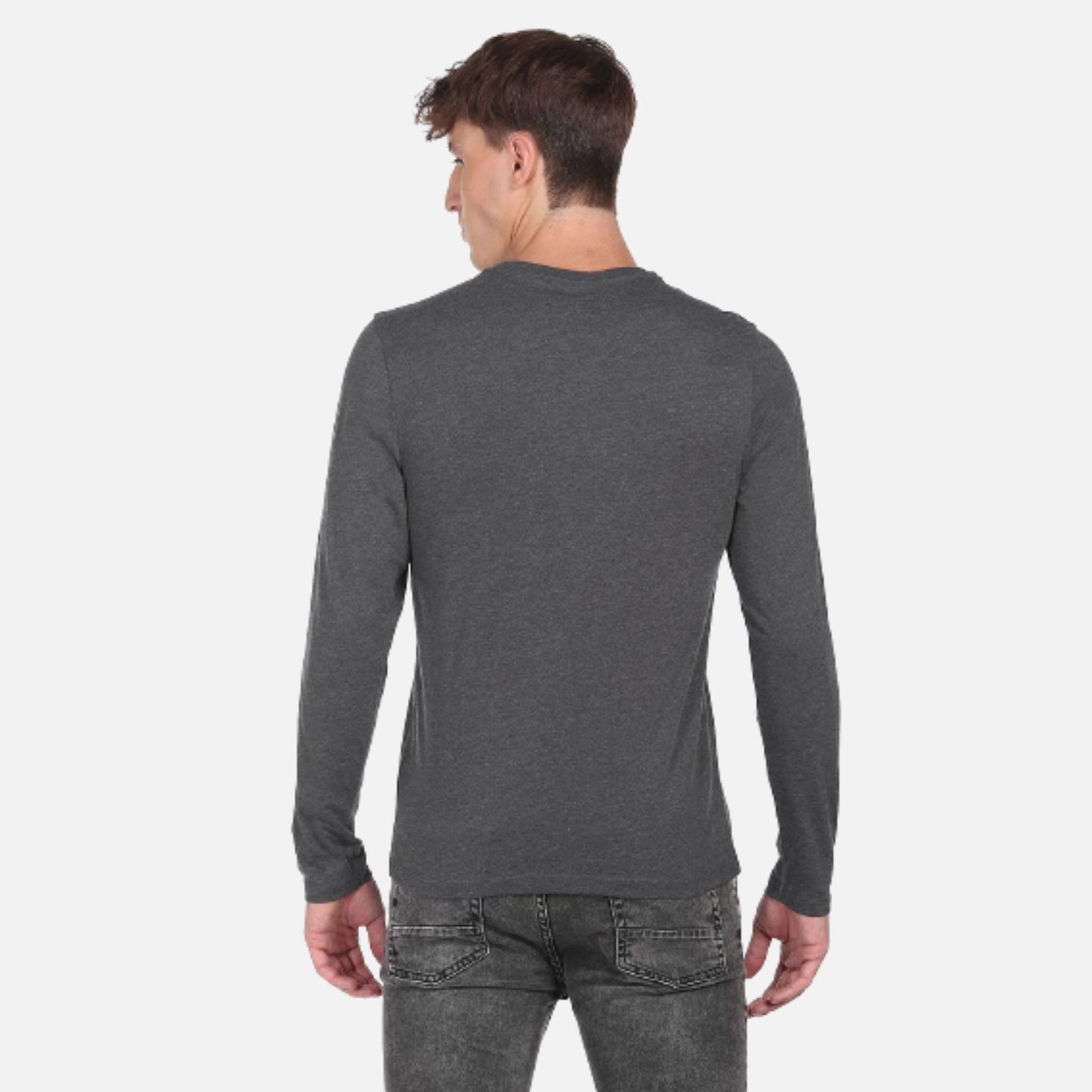 Grey Long Sleeve Brand Print Cotton T-Shirt