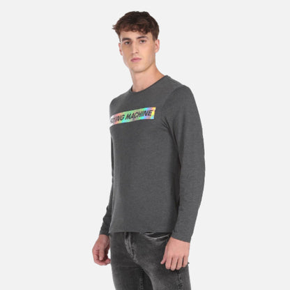 Grey Long Sleeve Brand Print Cotton T-Shirt