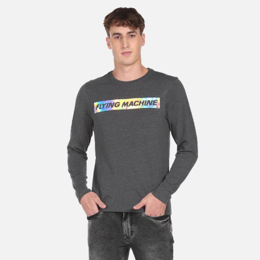 Grey Long Sleeve Brand Print Cotton T-Shirt