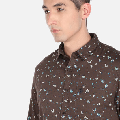 Brown Floral Print Herringbone Cotton Casual Shirt