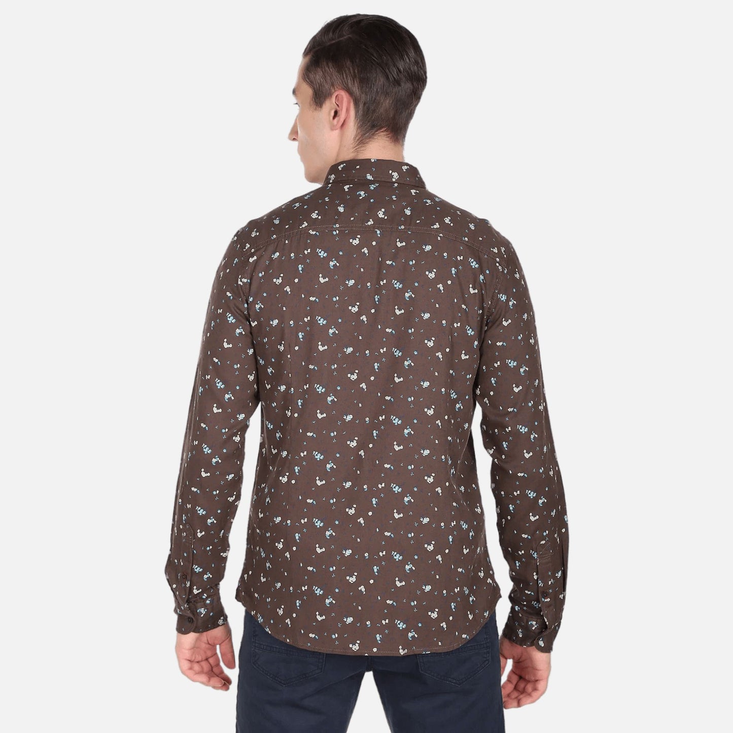 Brown Floral Print Herringbone Cotton Casual Shirt