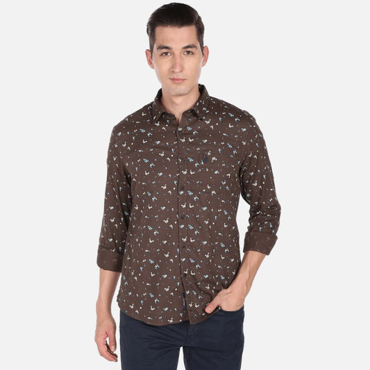 Brown Floral Print Herringbone Cotton Casual Shirt