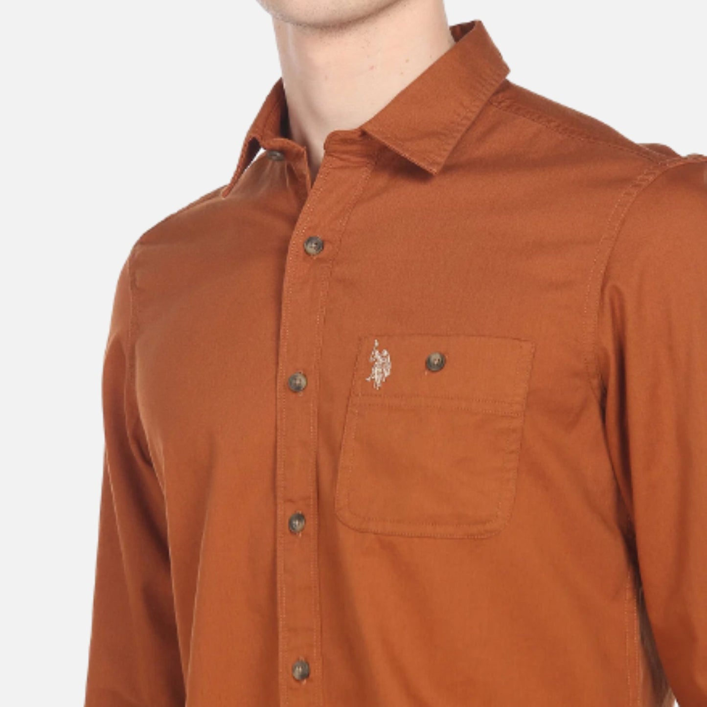 Spread Collar Solid Twill Casual Shirt