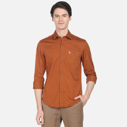 Spread Collar Solid Twill Casual Shirt