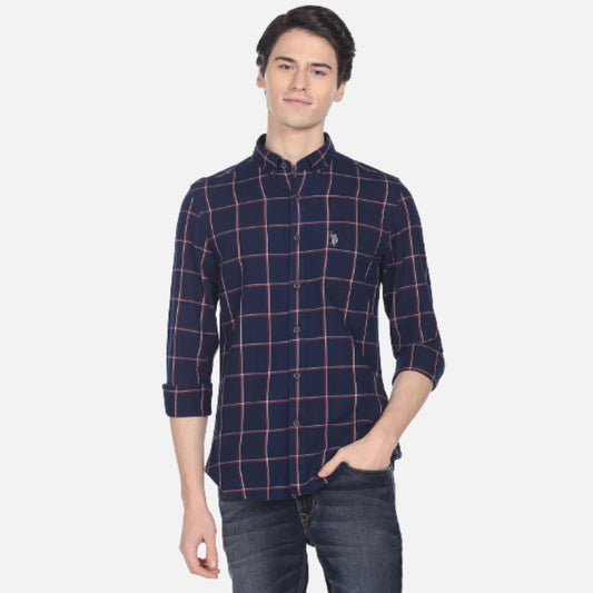 Cotton Windowpane Check Slim Fit Casual Shirt