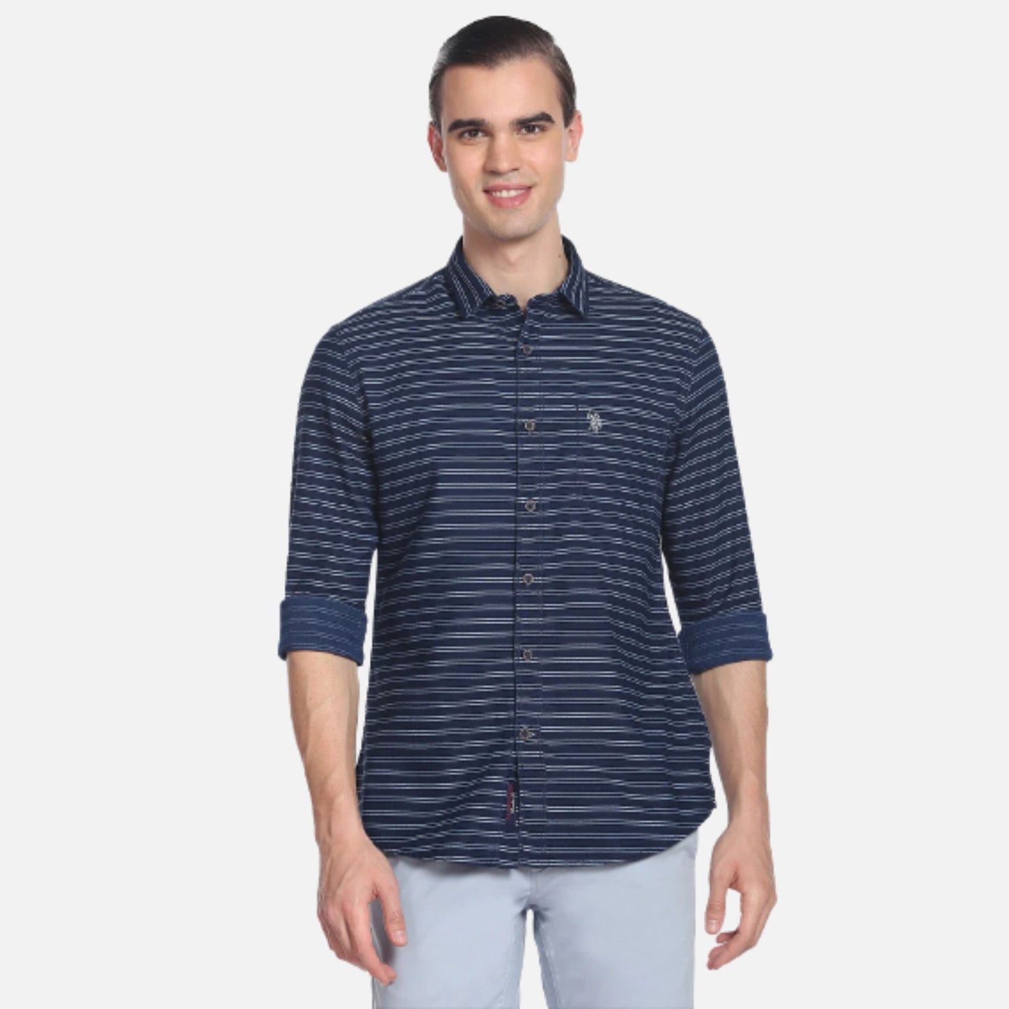 Spread Collar Horizontal Stripe Casual Shirt