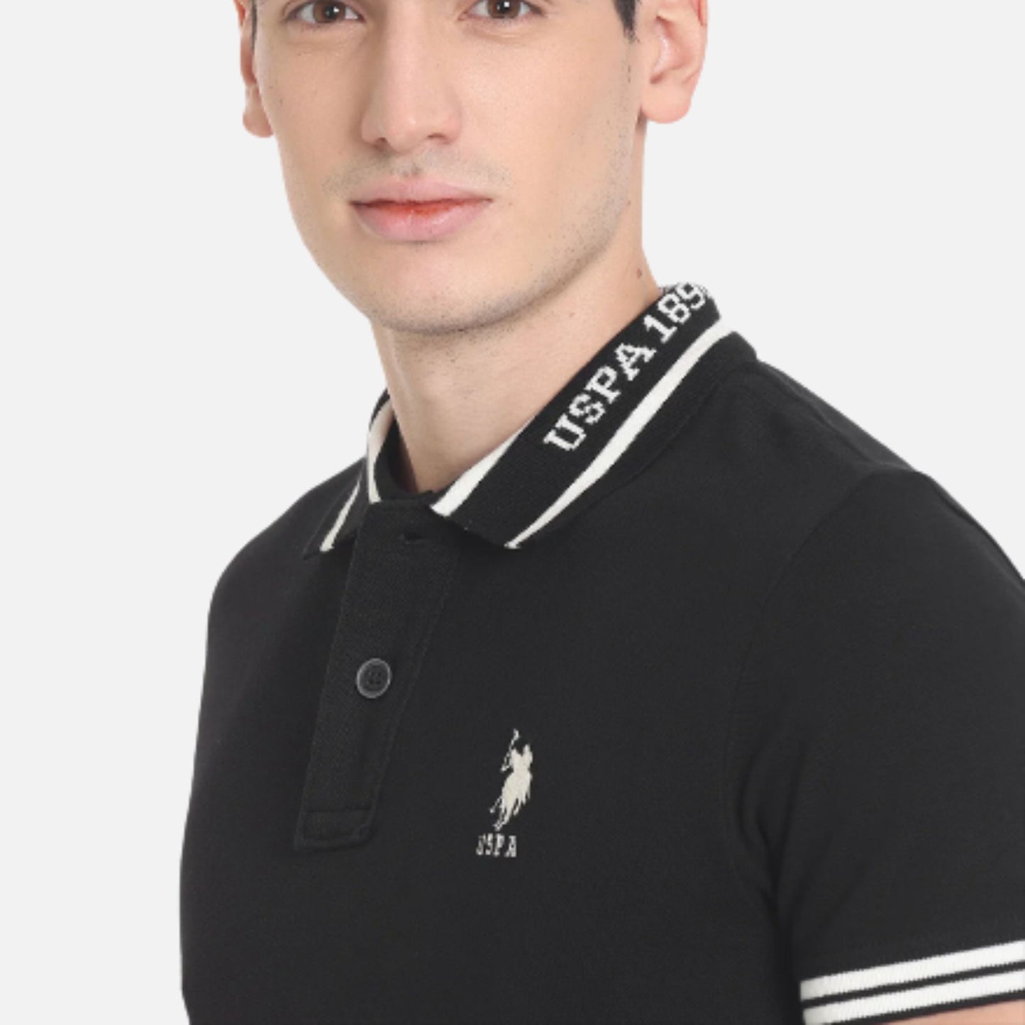 Brand Patterned Collar Solid Polo Shirt