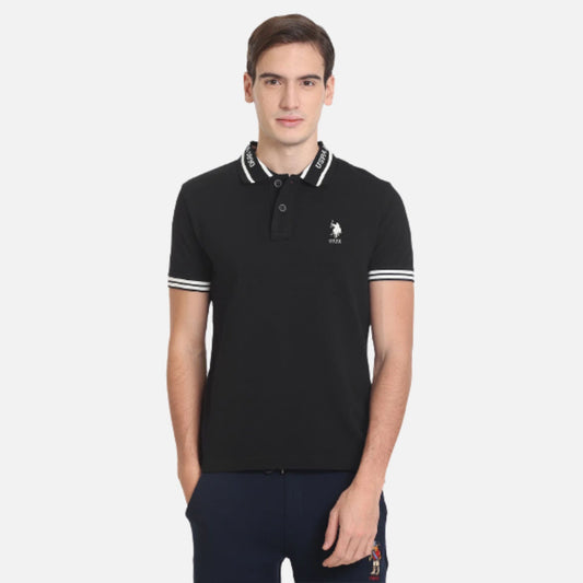 Brand Patterned Collar Solid Polo Shirt