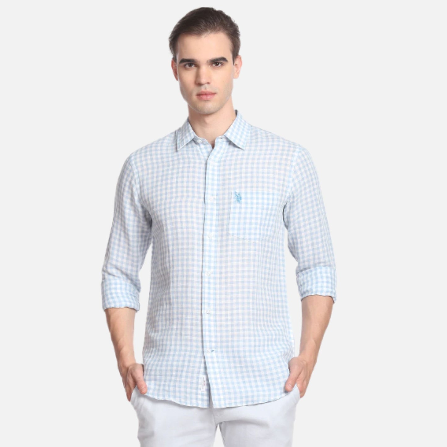 Spread Collar Gingham Check Casual Shirt