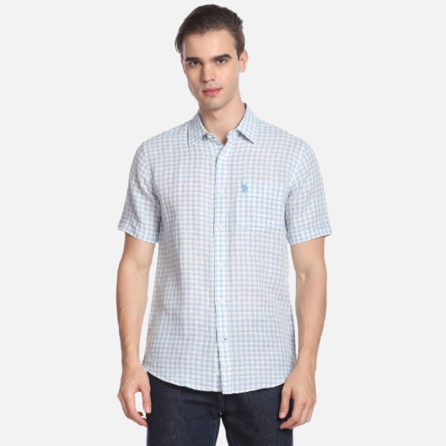 Spread Collar Gingham Check Casual Shirt